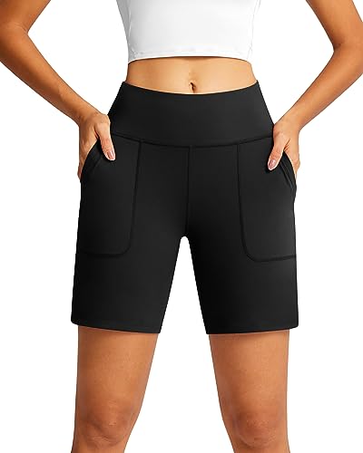 QUEENIEKE Lange Shorts für Damen, Bermuda, hohe Taille, athletische Shorts für Damen, mit Taschen, 17,8 cm Schrittlänge, dunkel meliert, Schwarz, Größe XL von QUEENIEKE