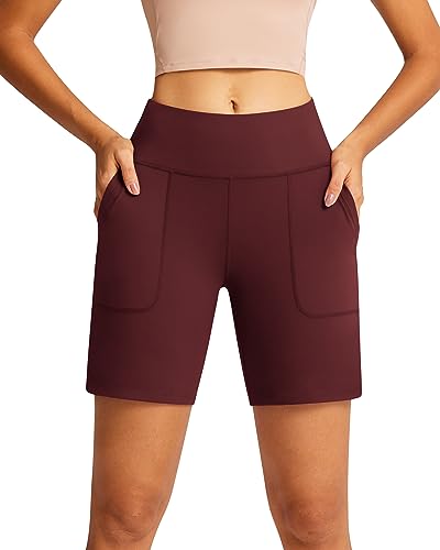 QUEENIEKE Lange Shorts für Damen, athletische Shorts für Damen, hohe Taille, Bermuda-Shorts mit Taschen, 17,8 cm Schrittlänge, lockere Passform, tiefes rot, X-Groß von QUEENIEKE