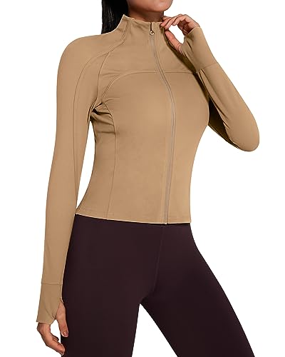 QUEENIEKE Laufjacke Damen Enge Sportoberteil Langarm Atmungsaktive Hoher Kragen Sportjacke Mit Reißverschluss für Yoga Gym Daumenloch Milch Kaffee farbe S von QUEENIEKE