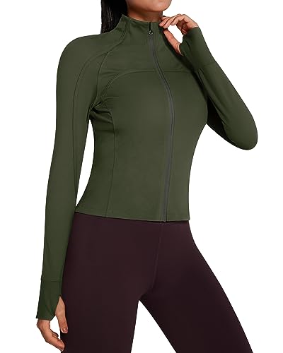 QUEENIEKE Laufjacke Damen Enge Sportoberteil Langarm Atmungsaktive Hoher Kragen Sportjacke Mit Reißverschluss für Yoga Gym Daumenloch Tiefes Grasgrün M von QUEENIEKE