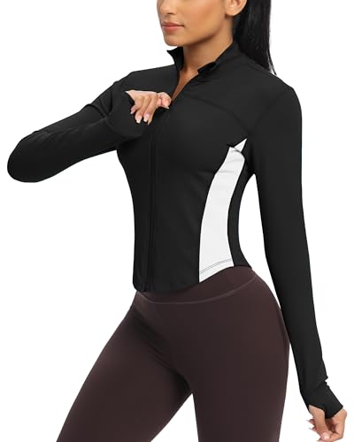 QUEENIEKE Laufjacke Damen mit Lycra Elasthan – Zip-Up Sportjacke Leicht & Atmungsaktiv für Training BBL Running-Jacken (Schwarzweiß-Kontrast, 42-44) von QUEENIEKE