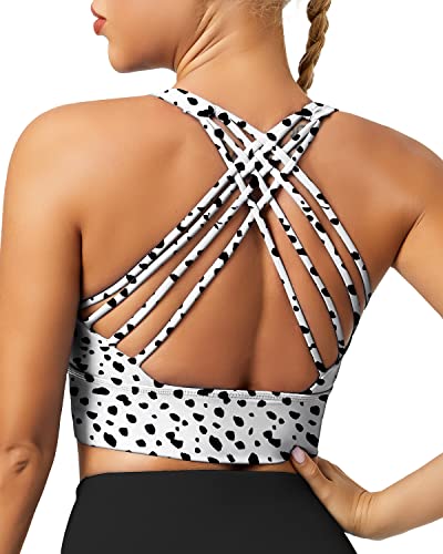 QUEENIEKE Sport BH Damen Ohne Bügel Gepolstert Mittlerer Stark Halt Yoga Bra Gekreuzt Rücken Bustier Sport Top Fitness Lauf Joggen Free to Be Bra Farbe Weiße Flecken B Größe XL von QUEENIEKE