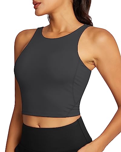 QUEENIEKE Sport BH Damen ohne Bügel Rückenfrei Gepolstert Longline Sport Bra High Neck U Rücken Mittlerer Stark Halt Fitness Gym Yoga Crop Top Dunkelgrau L von QUEENIEKE