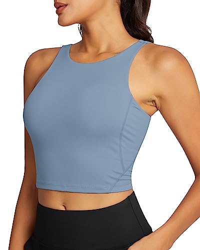 QUEENIEKE Sport BH Damen ohne Bügel Rückenfrei Gepolstert Longline Sport Bra High Neck U Rücken Mittlerer Stark Halt Fitness Gym Yoga Crop Top Größe L Farbe Denim Blue 220308 von QUEENIEKE