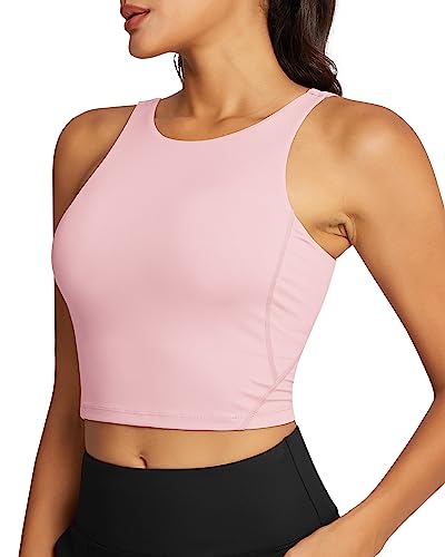 QUEENIEKE Sport BH Damen ohne Bügel Rückenfrei Gepolstert Longline Sport Bra High Neck U Rücken Mittlerer Stark Halt Fitness Gym Yoga Crop Top Größe L Farbe Rosa Pfingstrose 220308 von QUEENIEKE