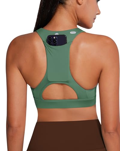 QUEENIEKE Sport-BH mit V-Ausschnitt, mit Handytasche, mittlere Unterstützung, Workout-Tops, gepolsterter Racerback-BH für Damen, V Grün, Large von QUEENIEKE