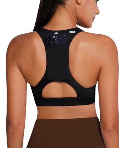 QUEENIEKE Sport-BH mit V-Ausschnitt, mit Handytasche, mittlere Unterstützung, Workout-Tops, gepolsterter Racerback-BH für Damen, V Schwarz, X-Large von QUEENIEKE