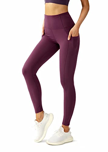 QUEENIEKE Leggings für Damen Hochtaillierte Bauchwegsende Fitnessleggings mit Taschen (Merlotrot, S) von QUEENIEKE