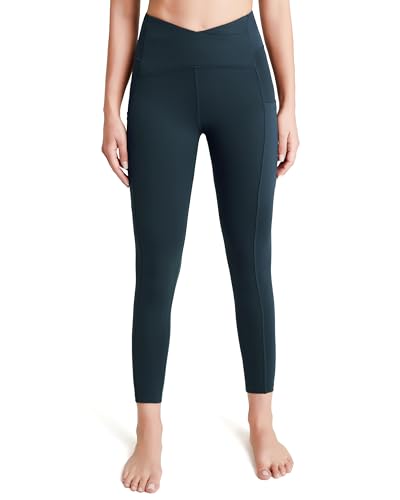 QUEENIEKE Sport Leggings Damen V Cross High Waist Yogahose Lang Sportleggings Blickdicht Bund Bauchkontrolle Leggins mit 3 Taschen Gym Yoga Fitness Farbe Dunkelblau Größe L von QUEENIEKE