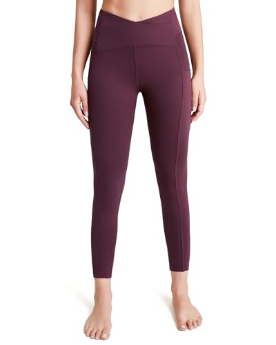 QUEENIEKE Sport Leggings Damen V Cross High Waist Yogahose Lang Sportleggings Blickdicht Bund Bauchkontrolle Leggins mit 3 Taschen Gym Yoga Fitness Farbe Dunkles Rosenrot Größe L von QUEENIEKE