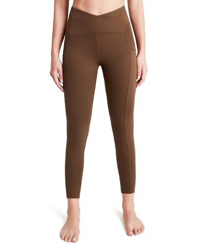 QUEENIEKE Sport Leggings Damen V Cross High Waist Yogahose Lang Sportleggings Blickdicht Bund Bauchkontrolle Leggins mit 3 Taschen Gym Yoga Fitness Farbe Geröstetes Braun Größe L von QUEENIEKE