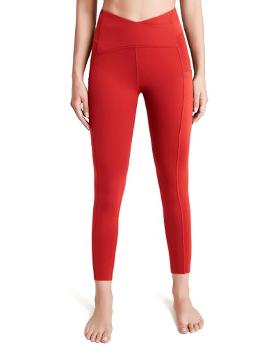 QUEENIEKE Sport Leggings Damen V Cross High Waist Yogahose Lang Sportleggings Blickdicht Bund Bauchkontrolle Leggins mit 3 Taschen Gym Yoga Fitness Farbe Hellrot Größe M von QUEENIEKE