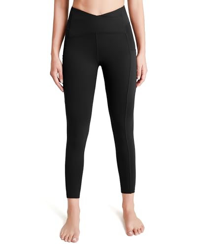 QUEENIEKE Sport Leggings Damen V Cross High Waist Yogahose Lang Sportleggings Blickdicht Bund Bauchkontrolle Leggins mit 3 Taschen Gym Yoga Fitness Farbe Schwarz Größe L von QUEENIEKE