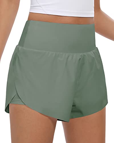 QUEENIEKE Sport Shorts Damen Sommer 2 in 1 Laufhose Kurz Hose mit Taschen Radlerhose Schnell Trocknend Fitness Running Yoga Jogging Beiläufige Training Größe L Farbe Jasmin Grün von QUEENIEKE