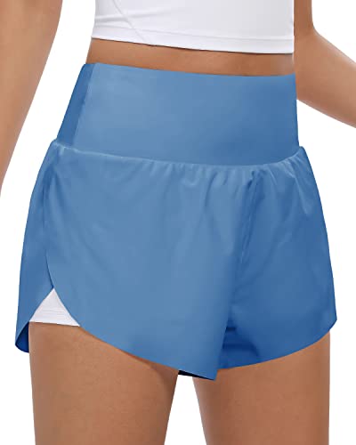 QUEENIEKE Sport Shorts Damen Sommer 2 in 1 Laufhose Kurz Hose mit Taschen Radlerhose Schnell Trocknend Fitness Running Yoga Jogging Beiläufige Training Größe L Farbe Wien Blau von QUEENIEKE