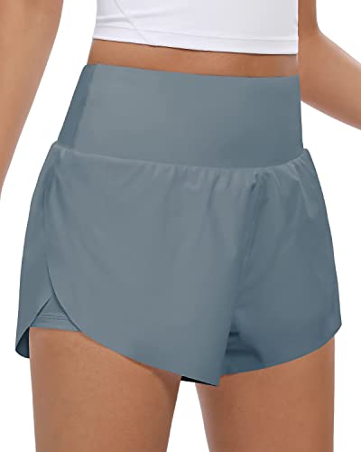 QUEENIEKE Sport Shorts Damen Sommer 2 in 1 Laufhose Kurz Hose mit Taschen Radlerhose Schnell Trocknend Fitness Running Yoga Jogging Beiläufige Training Größe XS Farbe Demin Blau von QUEENIEKE