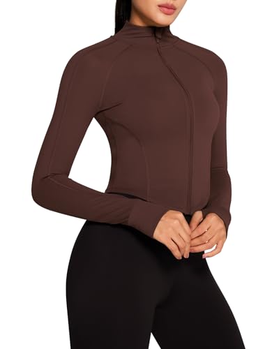 QUEENIEKE Damen Sportjacke mit durchgehendem Reißverschluss, Daumenlöchern Enge Passform, ideal für Laufen, Training und Workout (Rötlichbraun, XXL) von QUEENIEKE