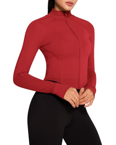 QUEENIEKE Sportjacke Damen Atmungsaktive Leicht Enge Laufjacke Mit Reißverschluss für Yoga Gym Daumenloch Sportoberteil Leuchtendes Rot XL von QUEENIEKE