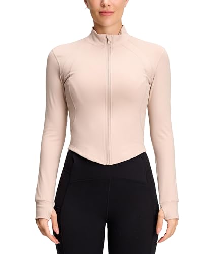 QUEENIEKE Sportjacke Damen Atmungsaktive Leicht Enge Laufjacke Mit Reißverschluss für Yoga Gym Daumenloch Sportoberteil Mandel L von QUEENIEKE