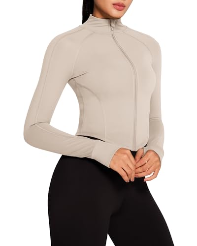 QUEENIEKE Sportjacke Damen Atmungsaktive Leicht Enge Laufjacke Mit Reißverschluss für Yoga Gym Daumenloch Sportoberteil Mandel L von QUEENIEKE