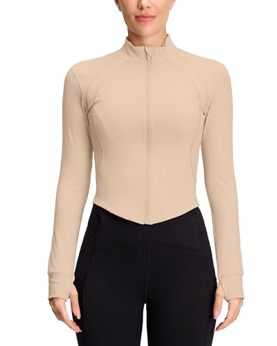 QUEENIEKE Sportjacke Damen Atmungsaktive Leicht Enge Laufjacke Mit Reißverschluss für Yoga Gym Daumenloch Sportoberteil Milch Kaffee farbe M von QUEENIEKE