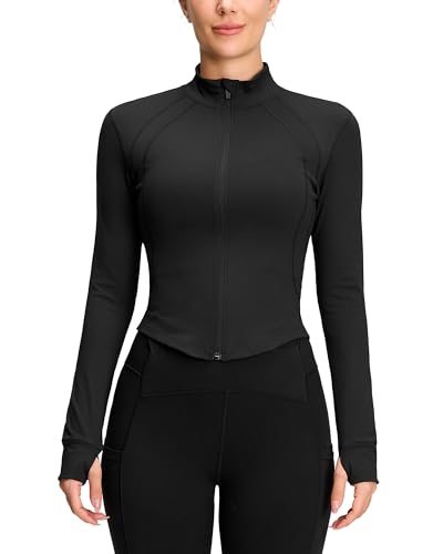 QUEENIEKE Sportjacke Damen Atmungsaktive Leicht Enge Laufjacke Mit Reißverschluss für Yoga Gym Daumenloch Sportoberteil Schwarz L von QUEENIEKE