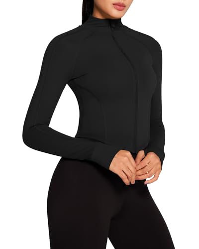 QUEENIEKE Sportjacke Damen Atmungsaktive Leicht Enge Laufjacke Mit Reißverschluss für Yoga Gym Daumenloch Sportoberteil Schwarz L von QUEENIEKE