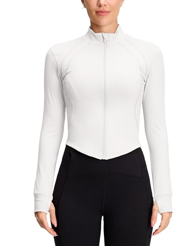 QUEENIEKE Sportjacke Damen Atmungsaktive Leicht Enge Laufjacke Mit Reißverschluss für Yoga Gym Daumenloch Sportoberteil Weiß M von QUEENIEKE