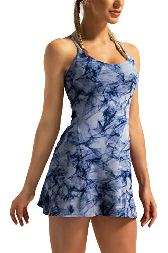 QUEENIEKE Tenniskleid für Damen, A-Linie, sportliches Kleid, integrierter BH, Shorts mit 2 Taschen für Workout, Tennis, Golf, Blaue Linie, Groß von QUEENIEKE