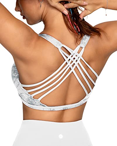 QUEENIEKE Women Yoga Bra Criss Cross Strappy Back Light Support Free to Be Bra with Removable Cups Size XL Color Marble von QUEENIEKE