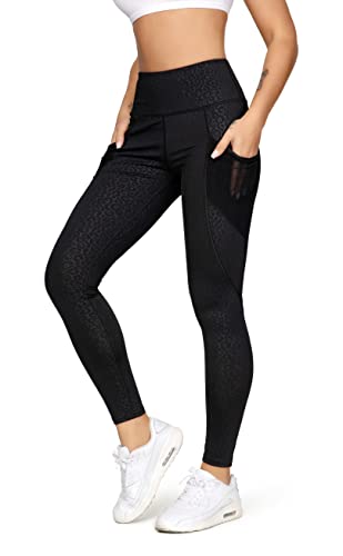 QUEENIEKE Women Yoga Leggings Power Flex Mesh Mid Waist 3 Phone Pocket Gym Running Tights Size M Color Blackleopard Print von QUEENIEKE