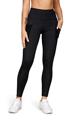 QUEENIEKE Women Yoga Leggings Power Flex Mesh Mid Waist 3 Phone Pocket Gym Running Tights Size XS Color Blackleopard Print von QUEENIEKE