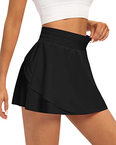 QUEENIEKE Womens Tennis Röcke Layered Ruffle Plissee Skorts Mini Röcke mit Shorts für Running Workout Farbe Schwarz L von QUEENIEKE