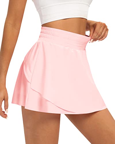 QUEENIEKE Womens Tennis Röcke Layered Ruffle Plissee Skorts Mini Röcke mit Shorts für Running Workout Farbe rosa L von QUEENIEKE