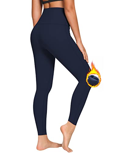 QUEENIEKE Yoga Hosen Damen-hohe Taillen Yoga Leggings mit Tasche Trainings Strumpfhosen für Laufen Fitness(Dunkelblaue Thermo Funktion, M) von QUEENIEKE