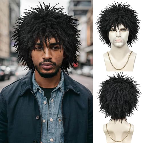 QUEENTAS 10 Inch Dreadlock Hair Topper Mens Wig Short Afro Synthetic Wig Kinky Curly Wigs for Men (Black) von QUEENTAS