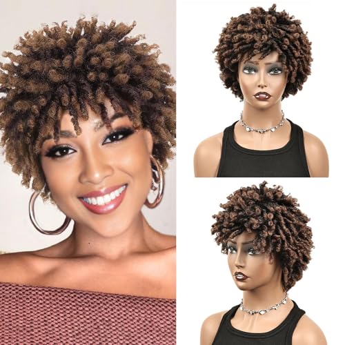QUEENTAS 22,9 cm lange, geflochtene Perücken für schwarze Frauen und Männer, kurze Rasterperücke, schwarz bis braun, Kunsthaarperücke aus Afro-Locken, mit Kunsthaaren von QUEENTAS