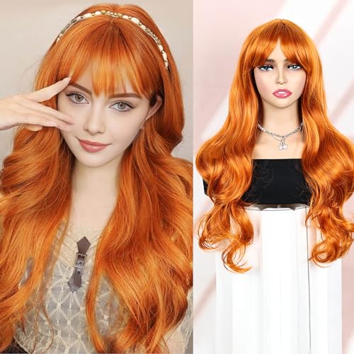 QUEENTAS 22-Zoll-Ginge-RWigs für Frauen, lange Ingwer-Perücke, natürliche Staright-Kunsthaar-Perücken mit Pony für den täglichen Gebrauch, Halloween, Cosplay (Ingwer) von QUEENTAS
