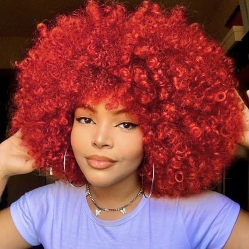QUEENTAS Afro-Perücken für Frauen Afro-Perücke verworren lockig mit Pony ohne Kleber 70er-Jahre-Disco-Kunsthaar Afro-Perücke für Halloween (25,4 cm, rot) von QUEENTAS