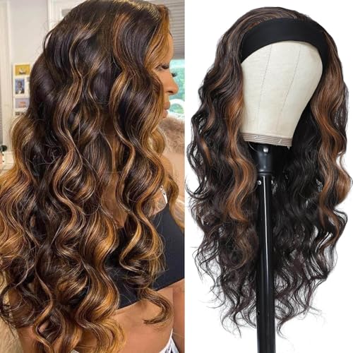 QUEENTAS Body Wave Stirnband Perücke Damen Synthetische Lange Wellige Braun Perücke für Frauen Kleberlos Density 23 Zoll (Braun mit Gold) von QUEENTAS