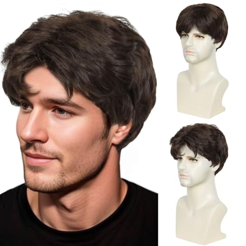 QUEENTAS Braune Herren-Perücke, kurzes Haar, Perücken für Männer, 70er-80er-Jahre, Disco-Kunsthaar, für männliche Perücken, täglicher Gebrauch (Dunkelbraun) von QUEENTAS
