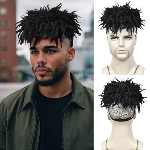 QUEENTAS Dreadlock Hair Topper Mens Wig Synthetic Short Afro Kinky Curly Wigs for Men for Daily Use Party (Black) von QUEENTAS