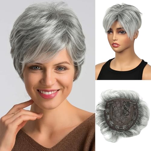QUEENTAS Hair Toppers for Women Grey 3 Clips in Hair Pieces Topper Straight Synthetic Wig Hairpieces for Thinning Hair (Grey) von QUEENTAS