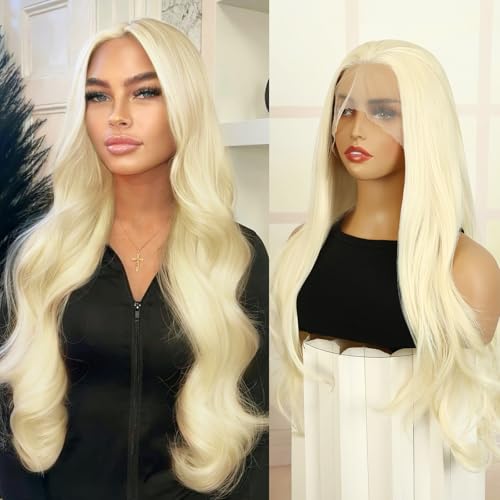 QUEENTAS Hd Lace-Front-Perücke, 76,2 cm, synthetische Spitzenfront, 13 x 3, für Frauen, langes gewelltes blondes Haar, mit vorgezogenem Haaransatz, Dichte 180 % von QUEENTAS