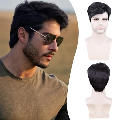 QUEENTAS Herren-Perücke, kurzes Haar, Herren-Perücken, 70er-80er-Jahre, schwarze Perücke, Herrenkleid, ausgefallene synthetische geschichtete Perücken, Ersatzperücken für Männer QUEENTAS Herren-Perücke, kurzes Haar, Herren-Perücken, 70er-80er-Jahre, schwarze Perücke, Herrenkleid, ausgefallene synthetische geschichtete Perücken, Ersatzperücken für Männer von QUEENTAS