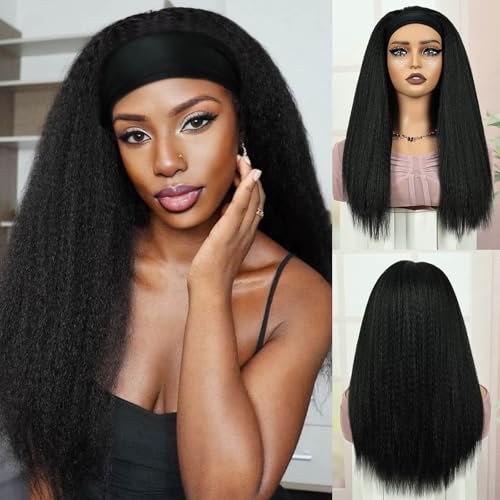 QUEENTAS Kinky Lang Straight Stirnband Perücke für Frauen Yaki Afro Schwarze Headband Wig mit Schwarzem Stirnband 19 Zoll for Daily Party (Schwarze) von QUEENTAS