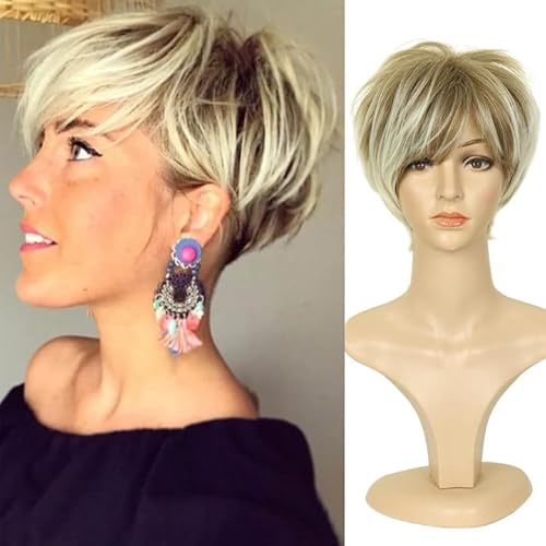 QUEENTAS Kurze Blonde Perücke Pixie Cut Geschichtetes Kurzes Haar Perücken für Frauen Synthetisches Haar mit Pony Damen Perücken UK (Braun Gemischt Blond) von QUEENTAS