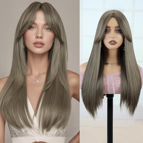 QUEENTAS Lange, Glatte, Braune Perücken für Damen, Kunsthaar, Hitzebeständige Perücke für Den Täglichen Gebrauch Bei Partys und Cosplay (Braun) von QUEENTAS