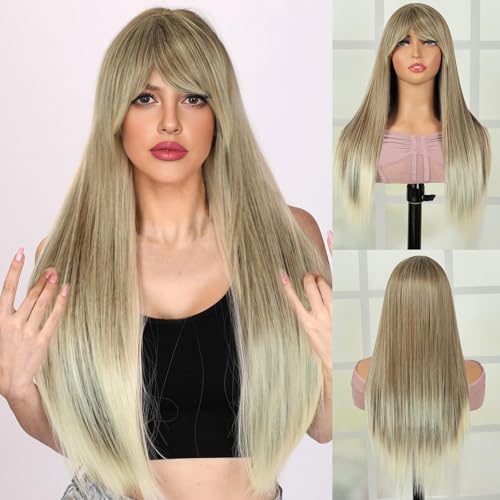 QUEENTAS Lange Gerade Perücke Damen Blond Perücke mit Pony Synthetische Haarersatz Tägliche Party Karneval Halloween (Blond) von QUEENTAS