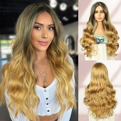 QUEENTAS Lange Lockige Perücke Damen Blond Hitzebeständig Synthetische Perücke Mittelscheitel für Tägliche Karneval Party (Black mixed Blonde) von QUEENTAS